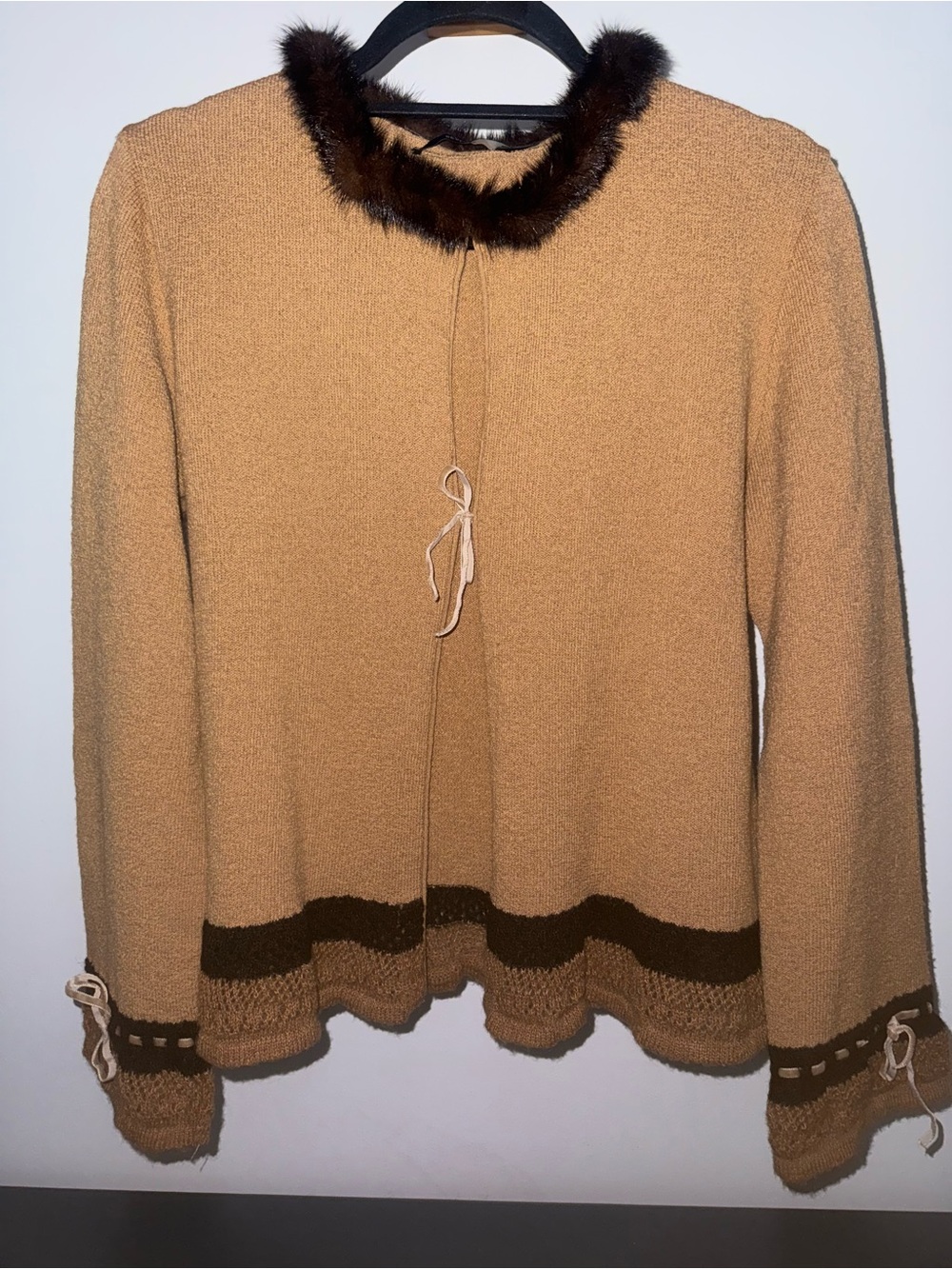 SEVENTY Wool Blend Tan Cardigan Faux Fur Collar Crochet Trim Ribbon Size M